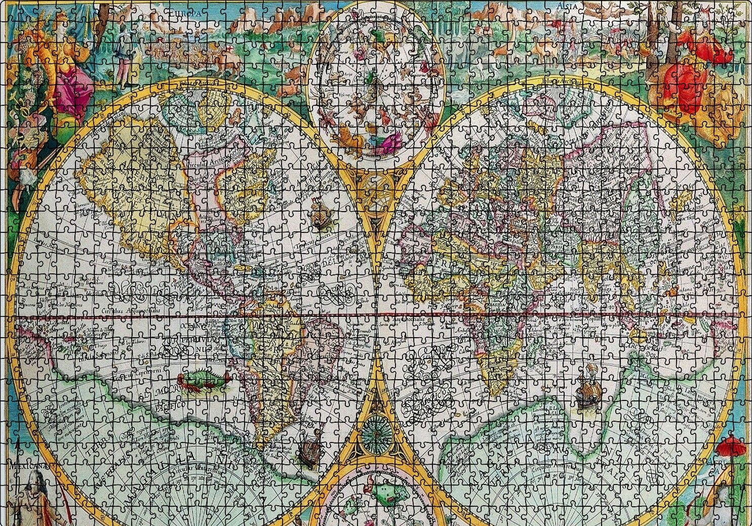 Dünya Haritası Latince ve Resimli Puzzle Yapboz MDF Ahşap 1000 Parça 49 cm X 68 cm