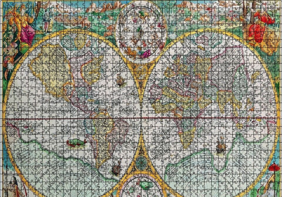 Dünya Haritası Latince ve Resimli Puzzle Yapboz MDF Ahşap 1000 Parça 49 cm X 68 cm