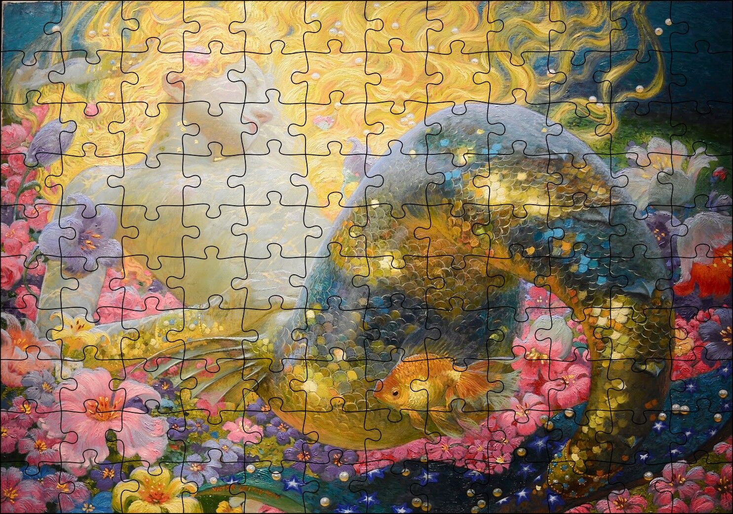 Altın Saçlı Deniz Kızı Çiçekler ve Küçük Japon Balığı Puzzle Yapboz MDF Ahşap