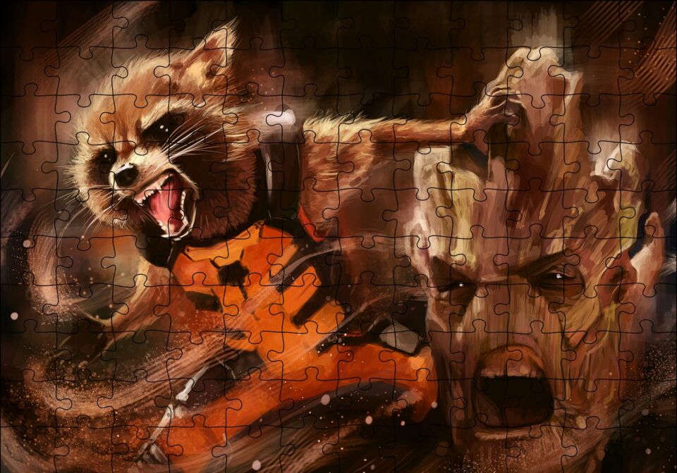 Avengers Guardians of The Galaxy Groot ve Rocket Racoon Puzzle Yapboz MDF Ahşap