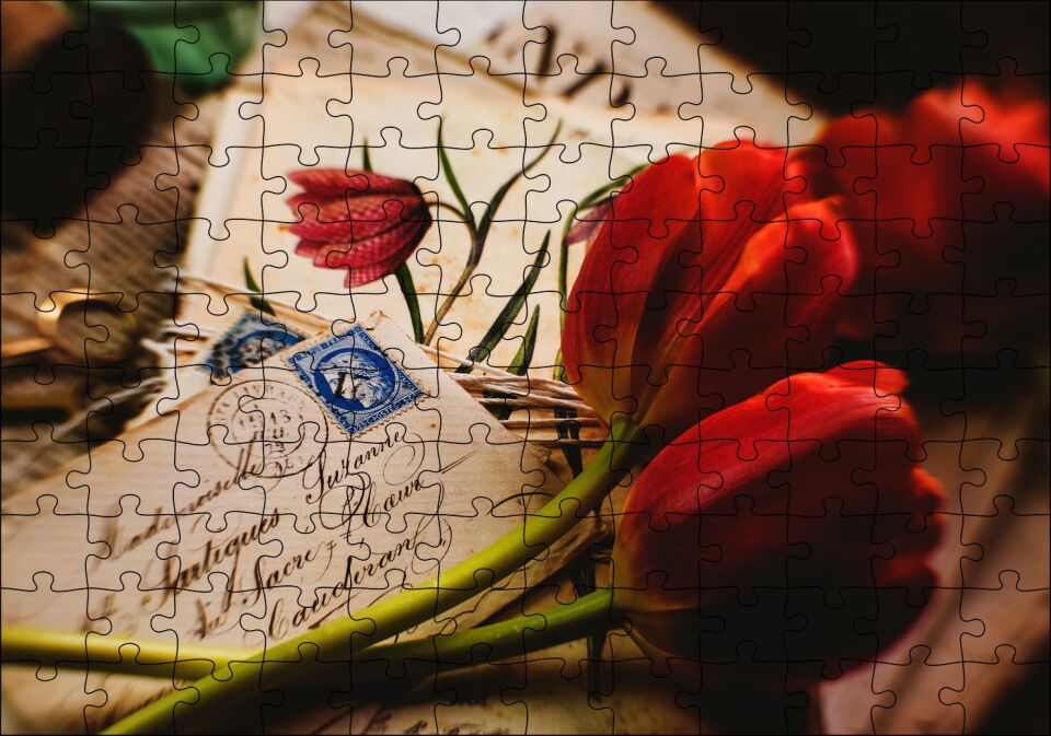 Aşk Mektupları ve Kırmızı Laleler Puzzle Yapboz MDF Ahşap 120 Parça 24 cm X 34 cm