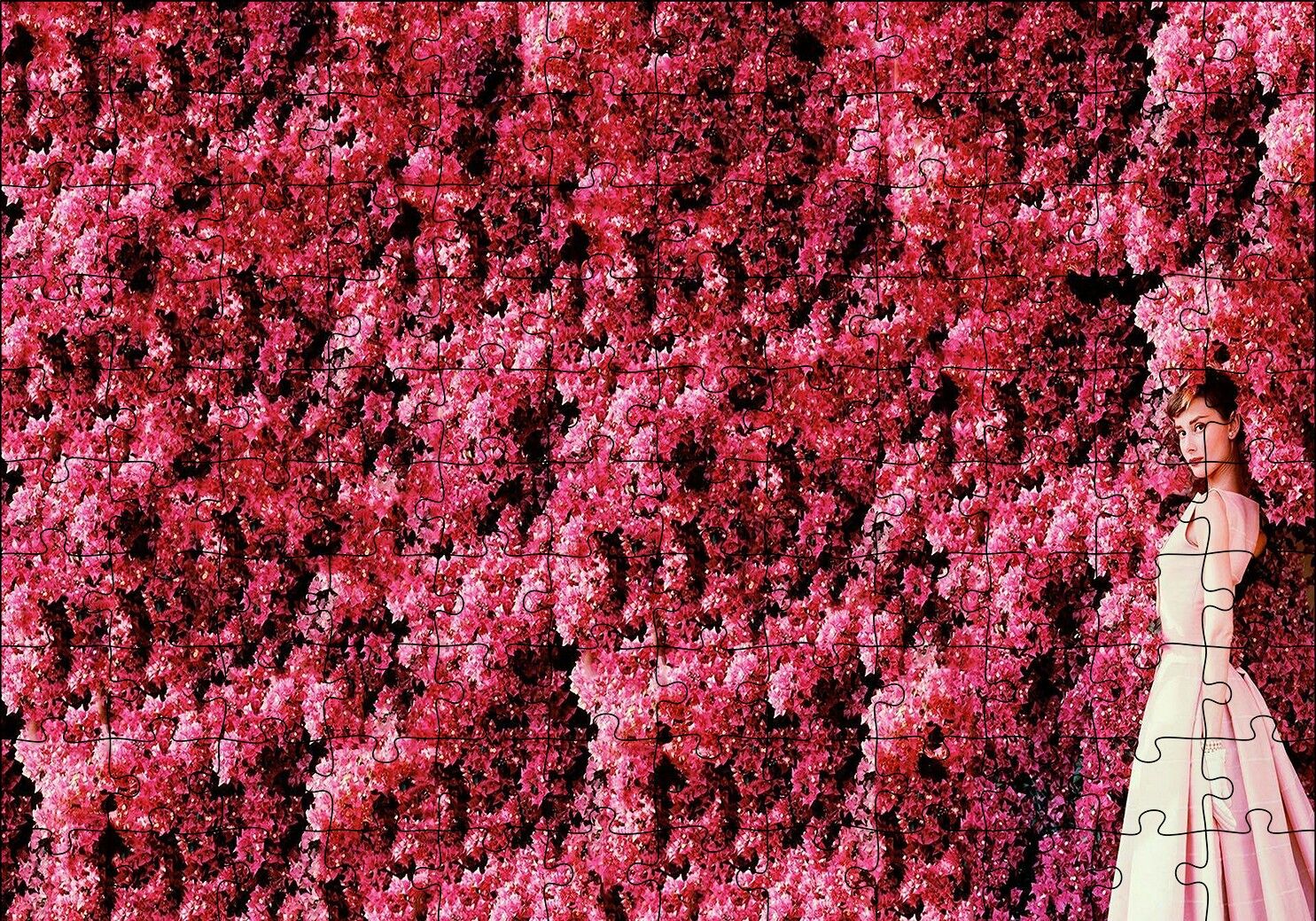 Audrey Hepburn Kırmızı Çiçekler Önünde Puzzle Yapboz MDF Ahşap