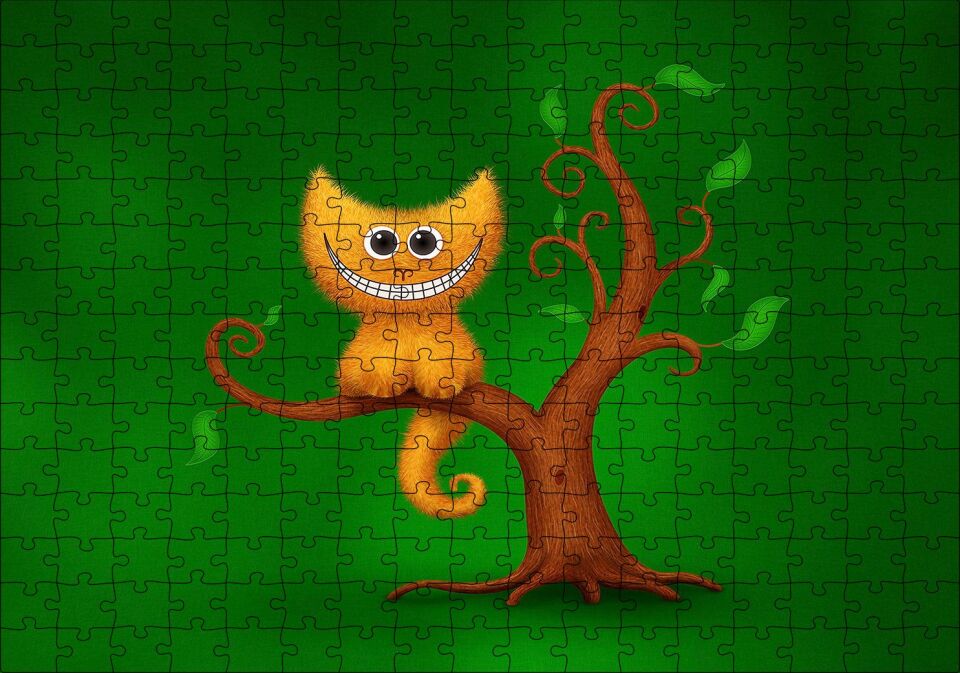 Ağaç Üzerinde Cheshire Kedisi Görseli Puzzle Yapboz MDF Ahşap 255 Parça 34 cm X 49 cm