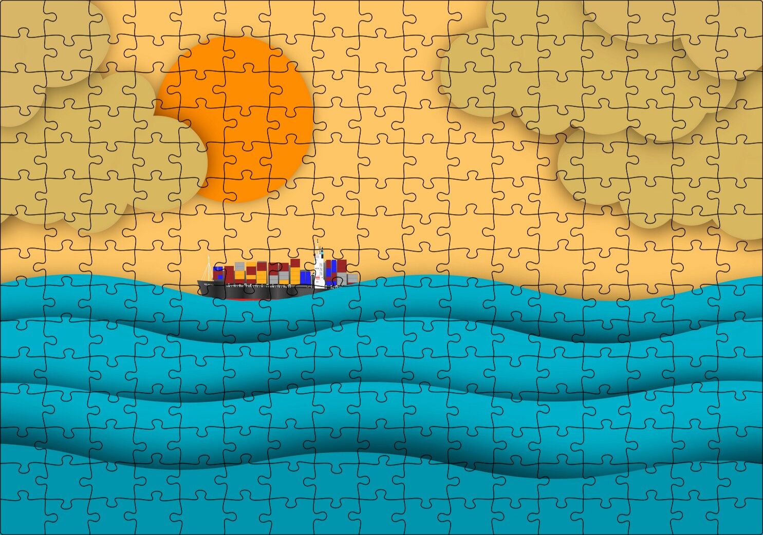 Mavi Dalgalar Yük Gemisi Güneş ve Bulutlar Puzzle Yapboz MDF Ahşap 255 Parça 34 cm X 49 cm