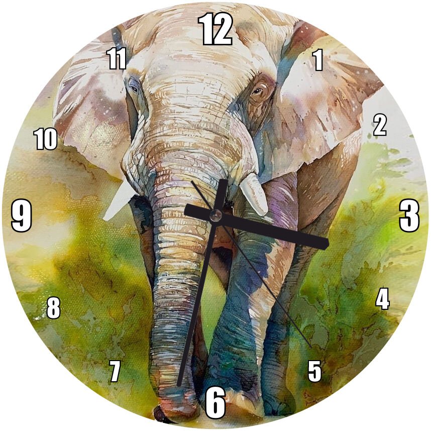 Kahverengi Fil Suluboya Çizim  Mdf Ahşap Duvar Saati