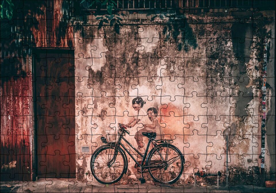Grafiti Bisiklet Çocukları Görseli Puzzle Yapboz MDF Ahşap