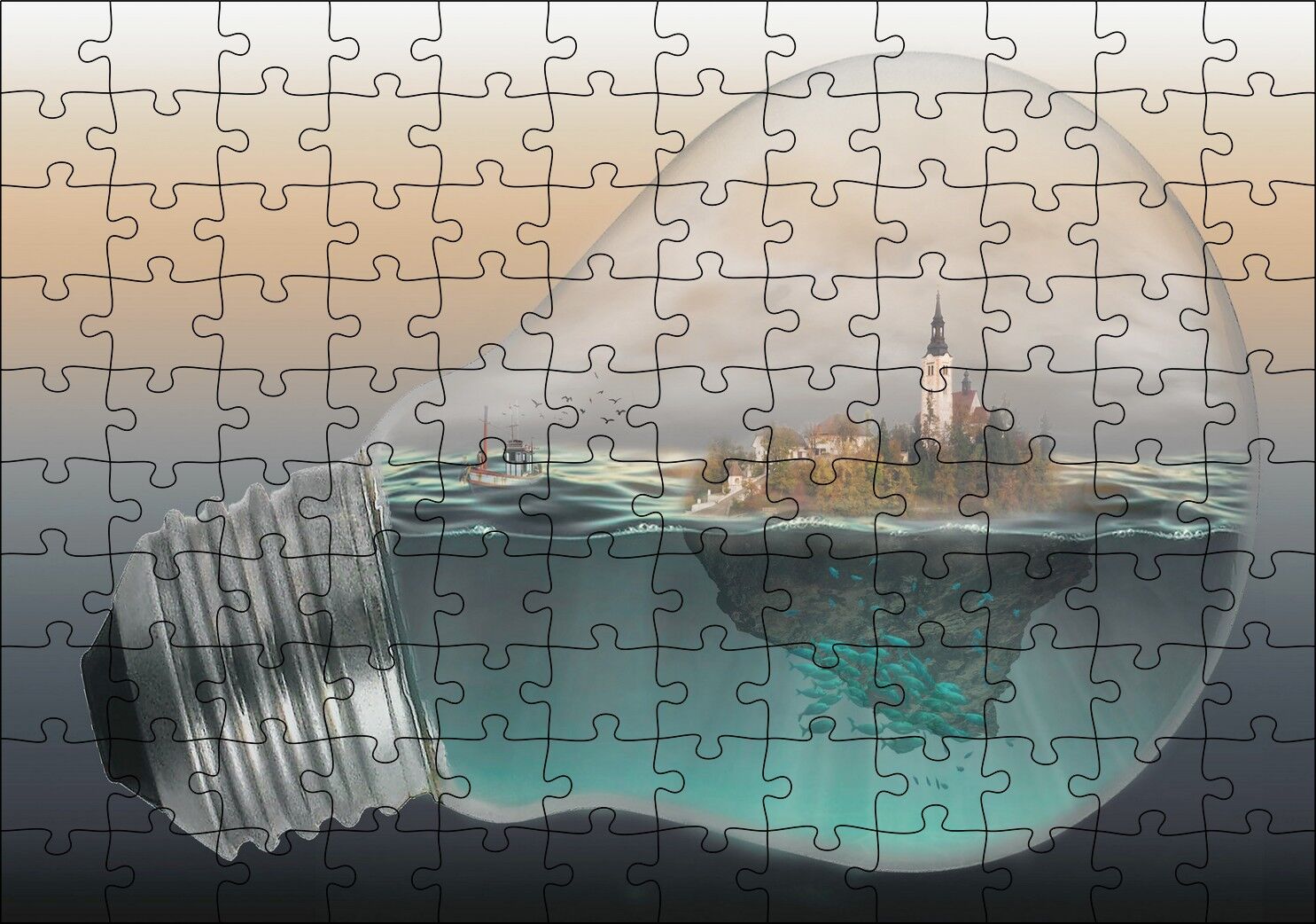 Ampul İçinde Okyanus ve Ada İllüstrasyonu Puzzle Yapboz MDF Ahşap