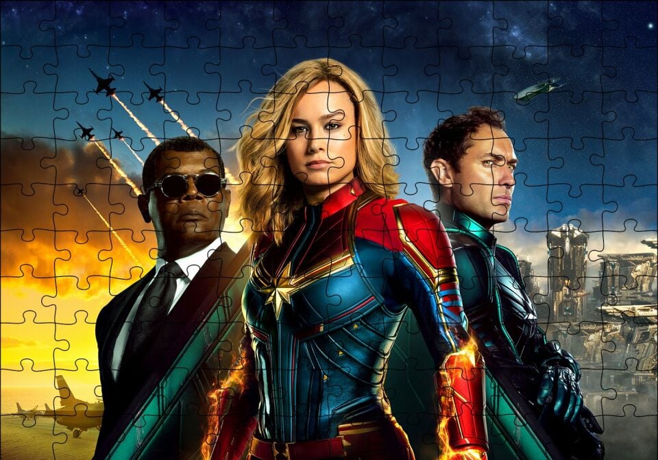 Captain Marvel Brie Larson Samuel Jackson ve Jude Law Puzzle Yapboz MDF Ahşap