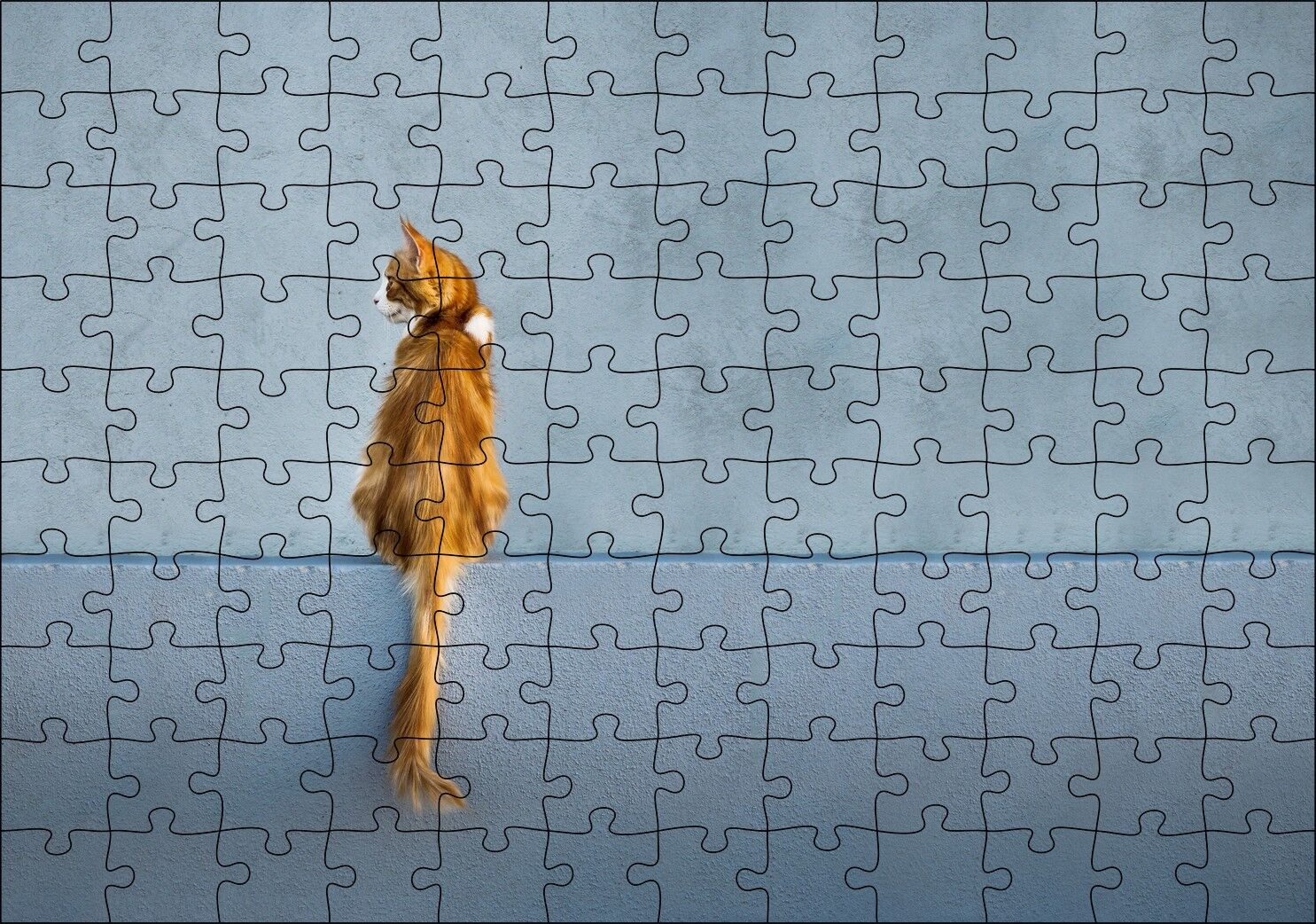 Mavi Duvar Önündeki Sarı Kedi Puzzle Yapboz MDF Ahşap 120 Parça 24 cm X 34 cm