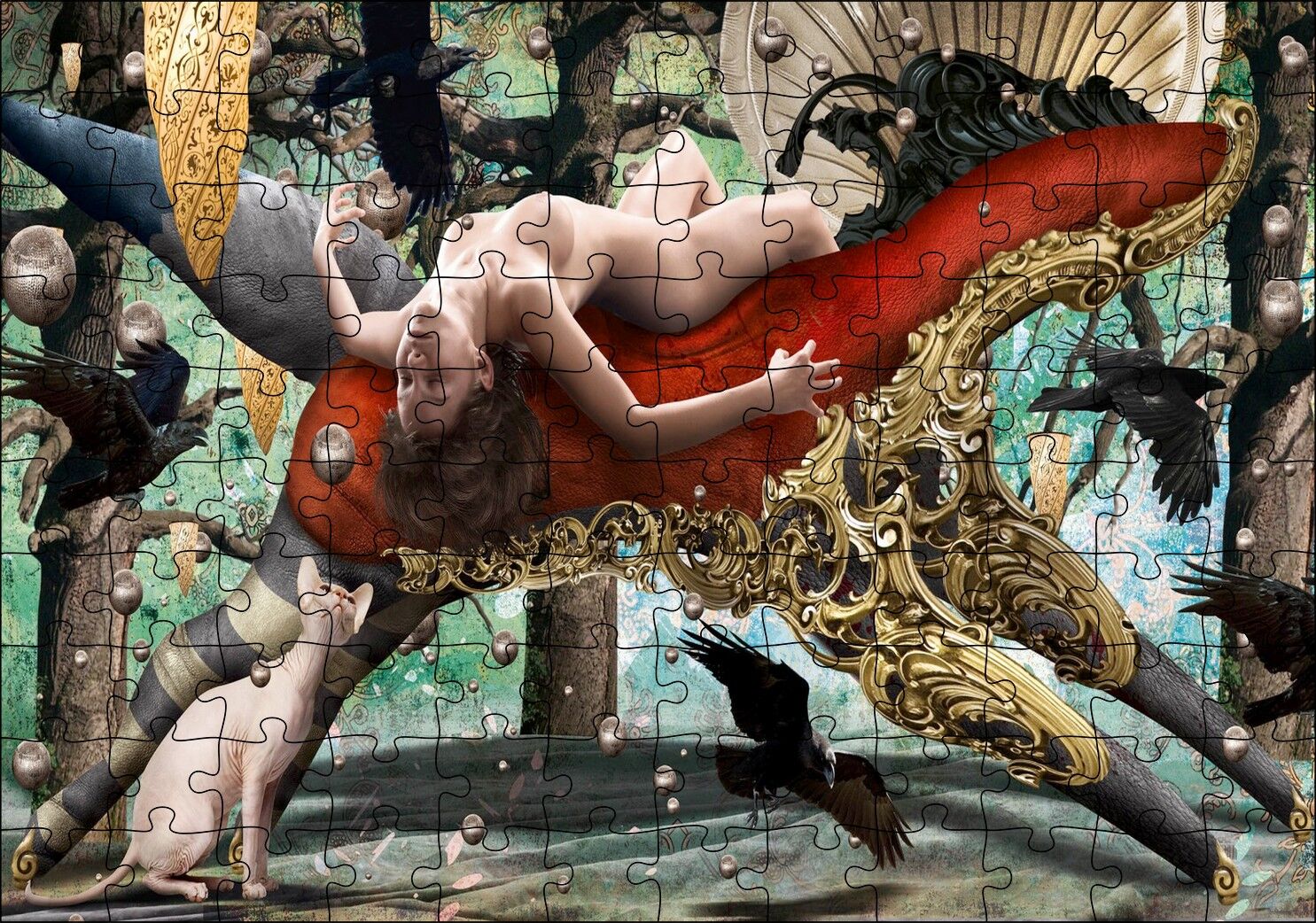 At Şeklindeki Tahtta Çıplak Genç Kadın Puzzle Yapboz MDF Ahşap 120 Parça 24 cm X 34 cm