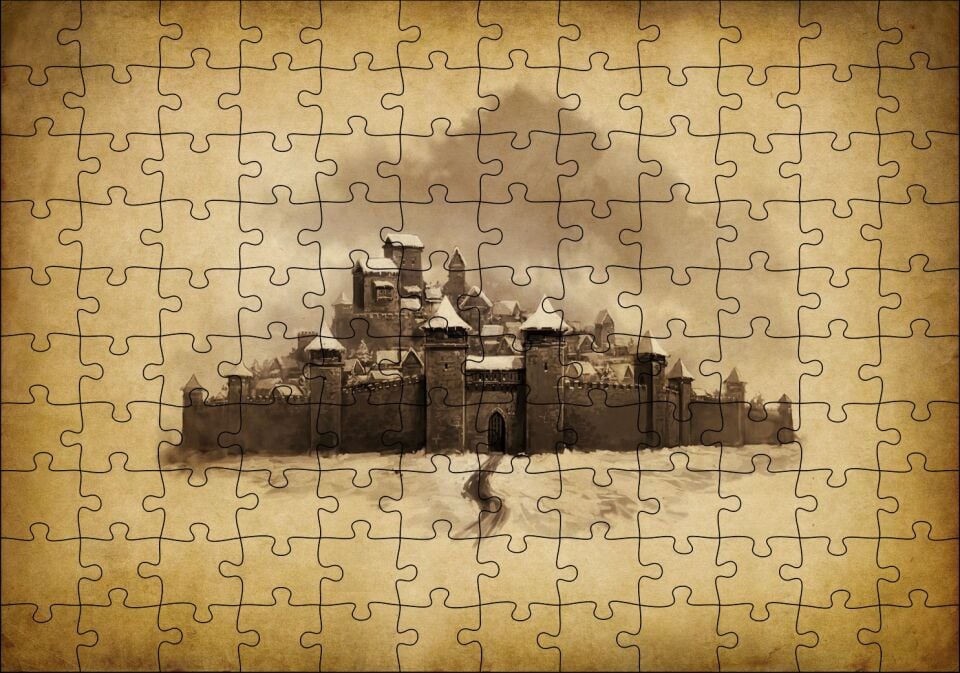 Kara Kalem Sanatı Şato Görseli Puzzle Yapboz MDF Ahşap