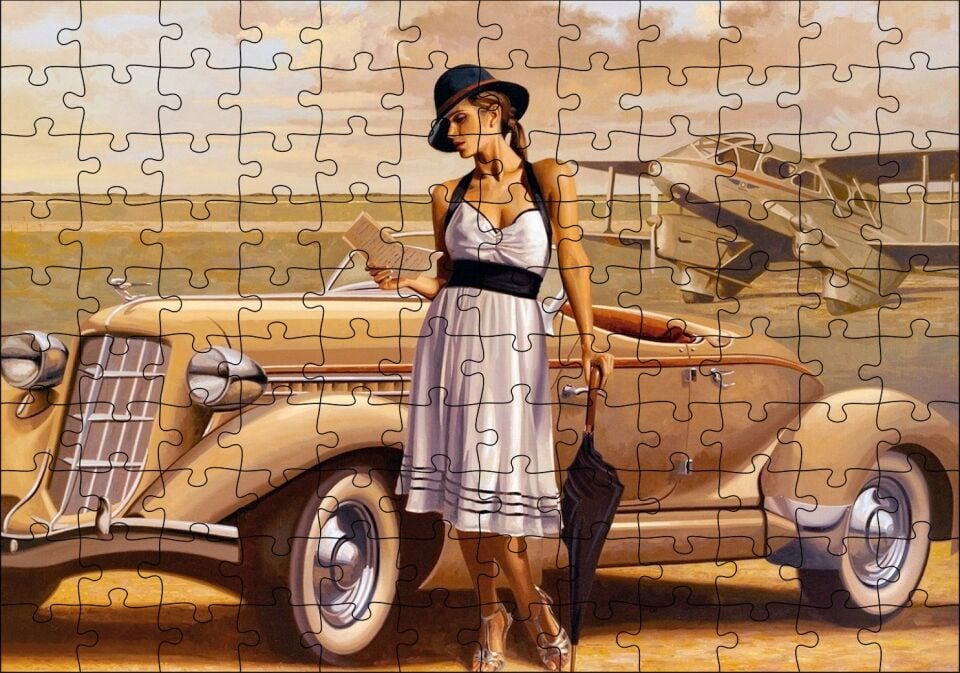 Antika Araba Uçak ve Beyaz Elbiseli Kadın Puzzle Yapboz MDF Ahşap