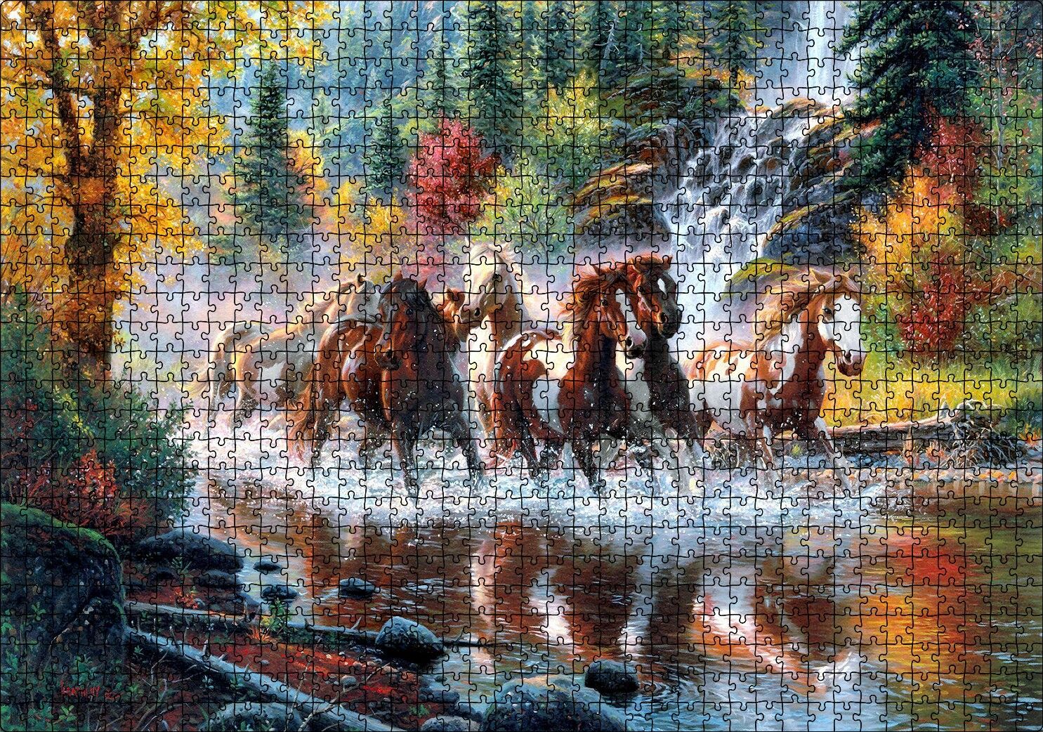Ormanda Akarsu Şelale ve Yaban Atları Puzzle Yapboz MDF Ahşap 1000 Parça 49 cm X 68 cm