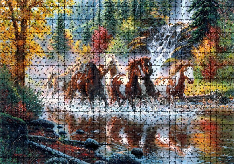 Ormanda Akarsu Şelale ve Yaban Atları Puzzle Yapboz MDF Ahşap 1000 Parça 49 cm X 68 cm