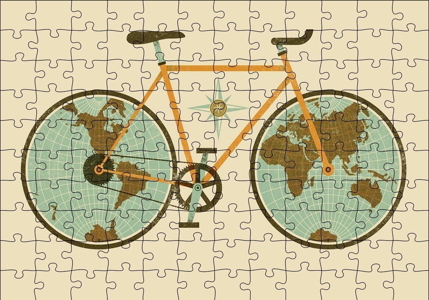 Dünya Haritası Tekerlekli Bisiklet Puzzle Yapboz MDF Ahşap 120 Parça 24 cm X 34 cm