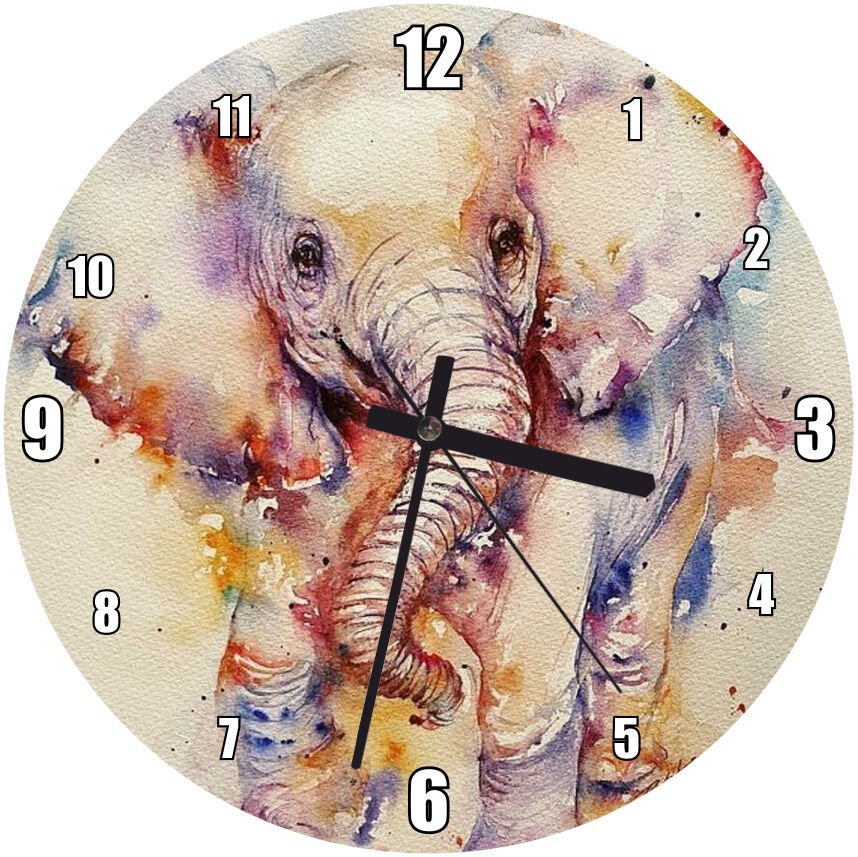 Neşeli Yavru Fil Suluboya Çizim  Mdf Ahşap Duvar Saati