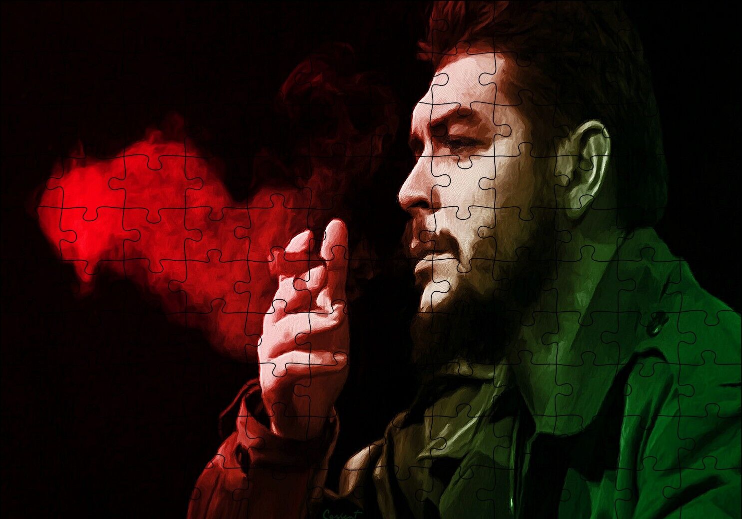 Che Guevara Puro İçiyor Siyah Arka Plan Puzzle Yapboz MDF Ahşap