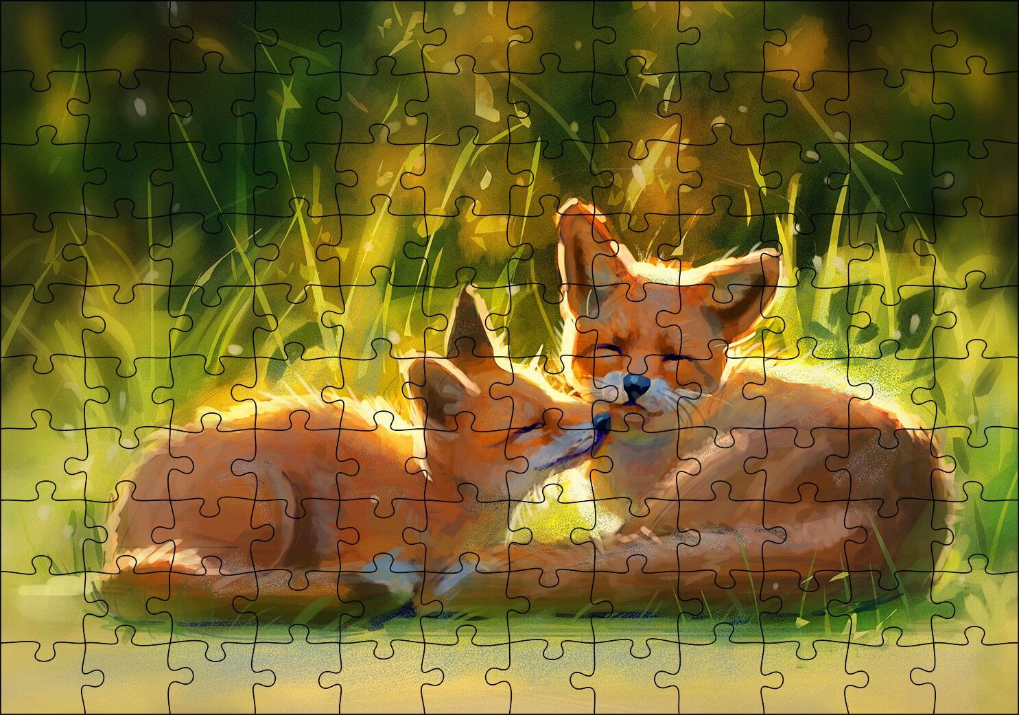Güneşlenen İki Kızıl Tilki Görseli Puzzle Yapboz MDF Ahşap