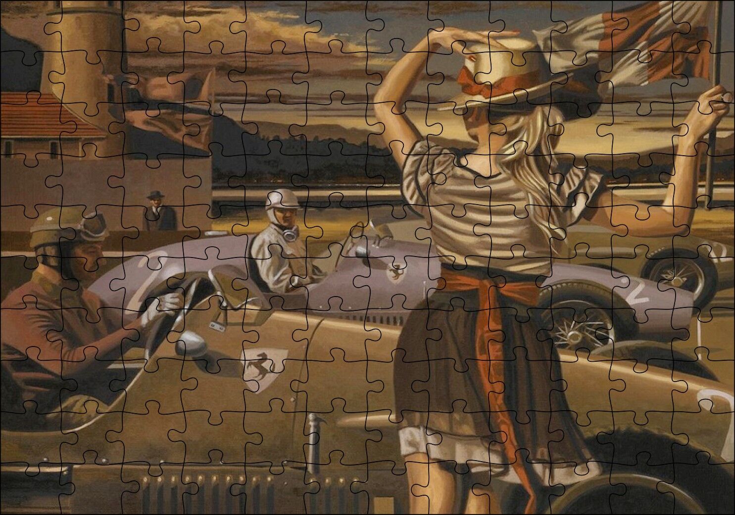 Antika Ferrari Yarış Arabaları ve Start Bayraklı Kız Puzzle Yapboz MDF Ahşap