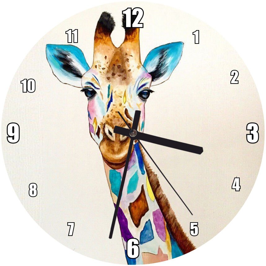 Rengarenk Zürafa Dijital Çizim  Mdf Ahşap Duvar Saati
