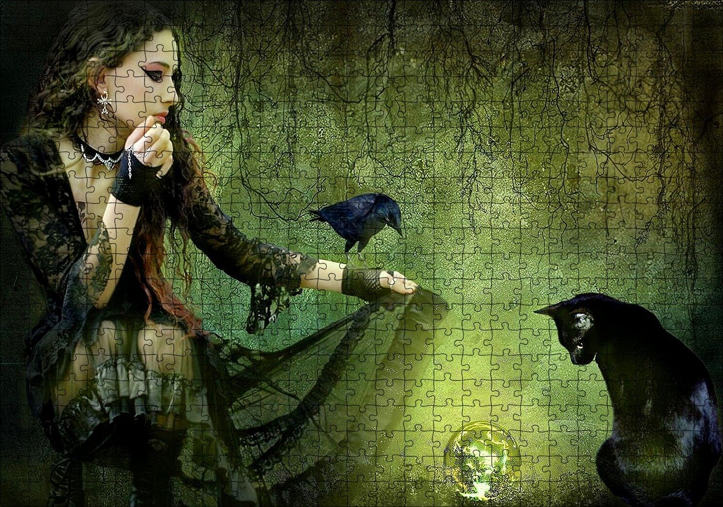 Gotik Kız Kara Kedi Karga ve Cam Küre Puzzle Yapboz MDF Ahşap 500 Parça 49 cm X 68 cm
