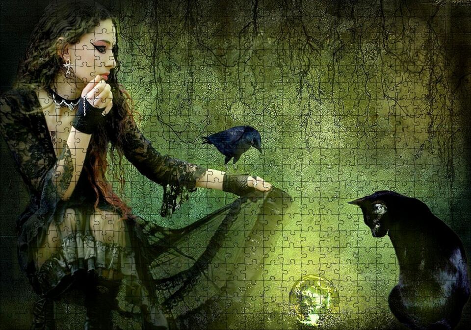 Gotik Kız Kara Kedi Karga ve Cam Küre Puzzle Yapboz MDF Ahşap 500 Parça 49 cm X 68 cm