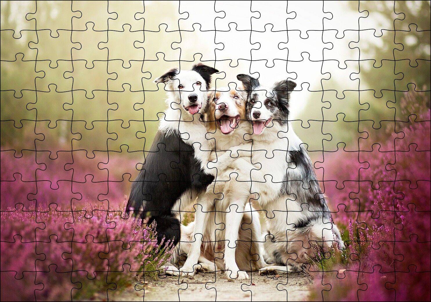 Gülerek Poz Veren Sevimli Köpekler ve Çiçekler Puzzle Yapboz MDF Ahşap 120 Parça 24 cm X 34 cm