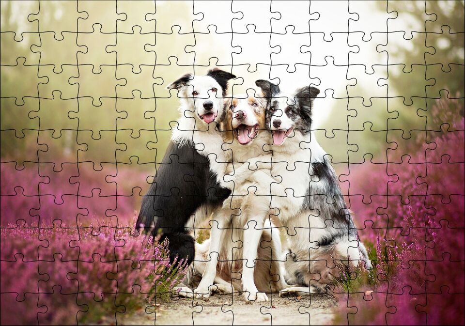 Gülerek Poz Veren Sevimli Köpekler ve Çiçekler Puzzle Yapboz MDF Ahşap 120 Parça 24 cm X 34 cm
