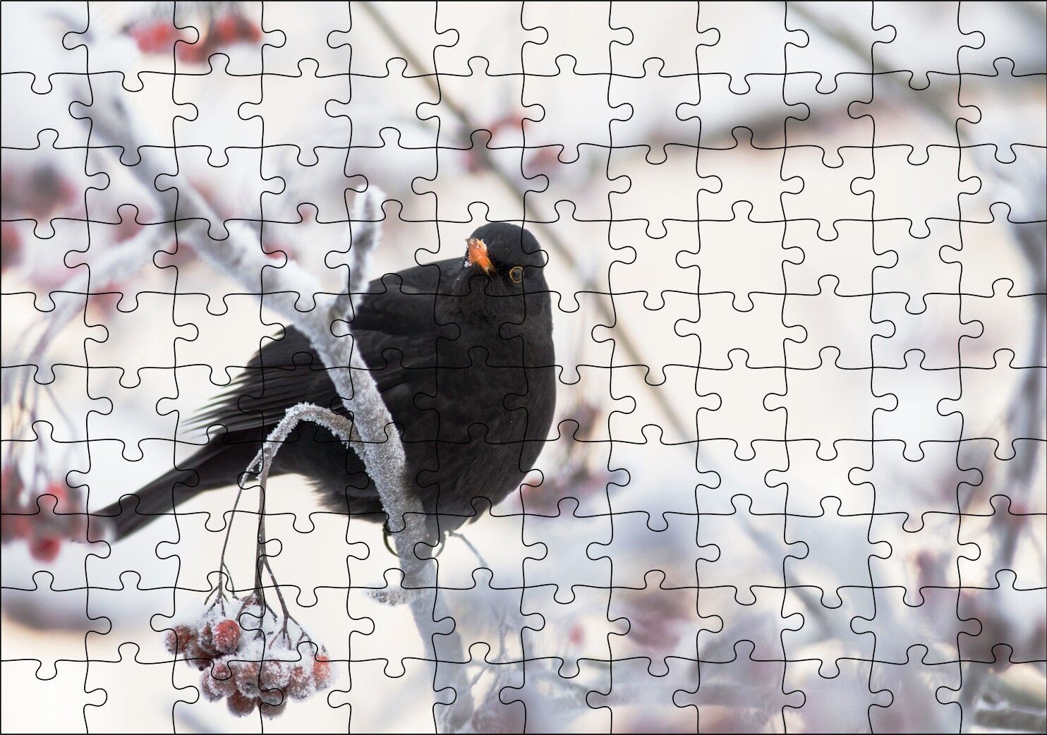 Karlı Dalların Üzerindeki Karatavuk Puzzle Yapboz MDF Ahşap