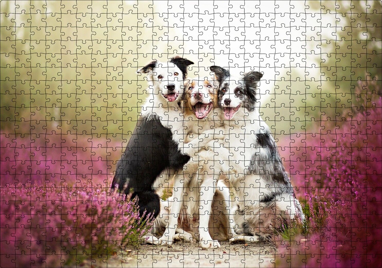 Gülerek Poz Veren Sevimli Köpekler ve Çiçekler Puzzle Yapboz MDF Ahşap 500 Parça 49 cm X 68 cm