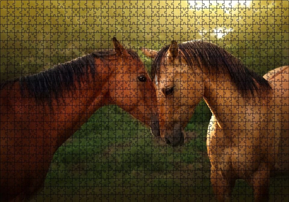 Yeşillikler ve Kahverengi At Çifti Puzzle Yapboz MDF Ahşap 1000 Parça 49 cm X 68 cm