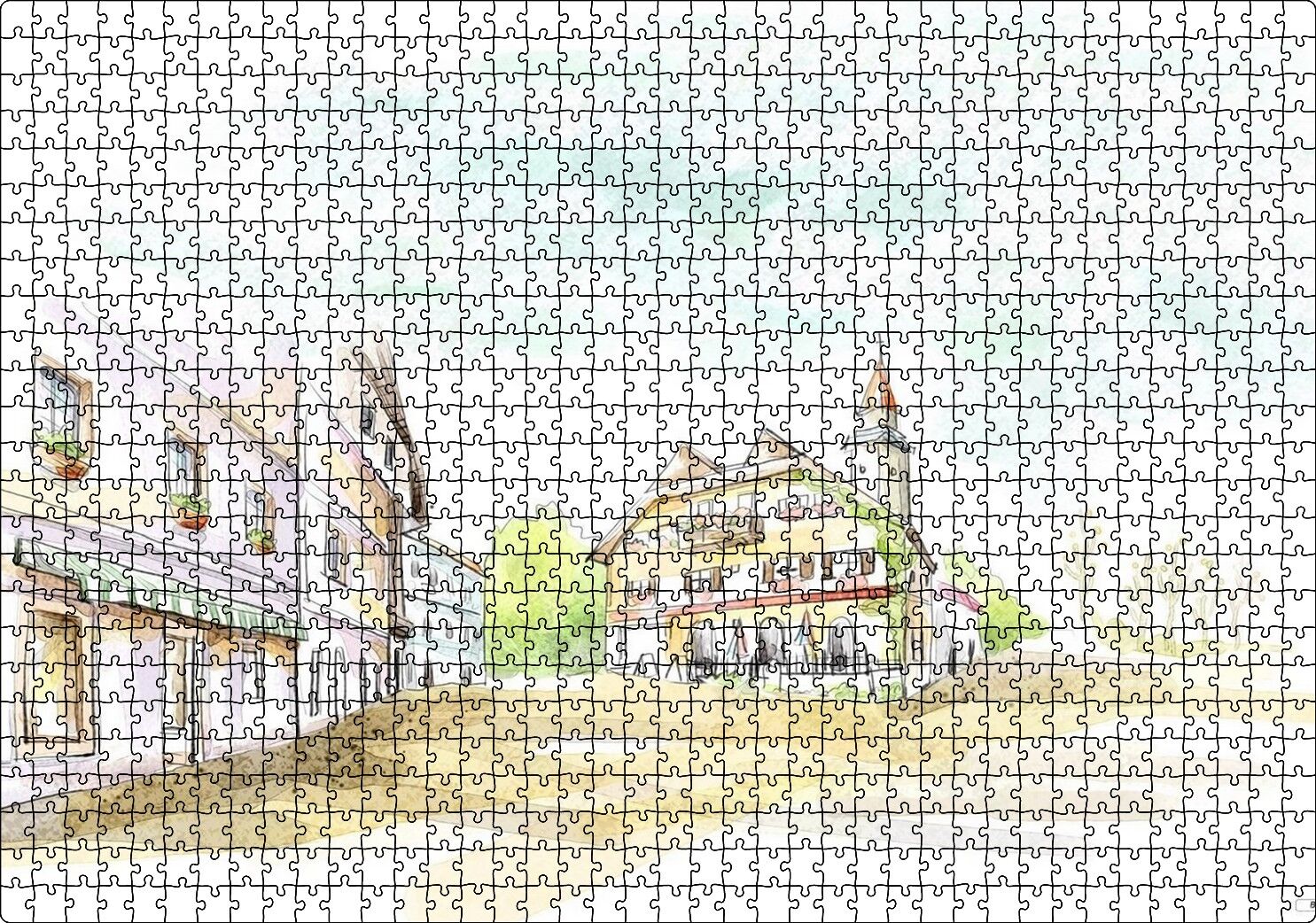 Avrupa Kasabası Kilise ve Binalar Çizim Puzzle Yapboz MDF Ahşap 1000 Parça 49 cm X 68 cm