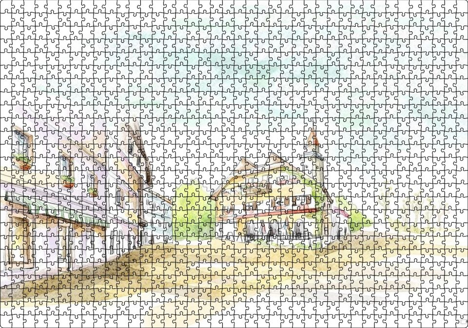 Avrupa Kasabası Kilise ve Binalar Çizim Puzzle Yapboz MDF Ahşap 1000 Parça 49 cm X 68 cm