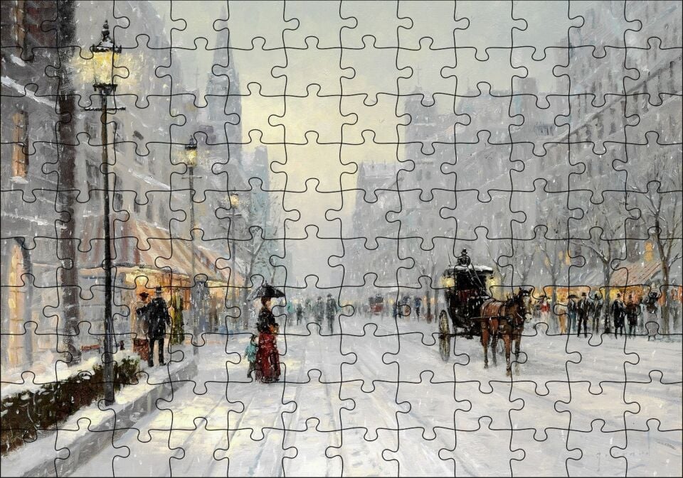 Karlı Şehir Kahverengi At Görseli Puzzle Yapboz MDF Ahşap