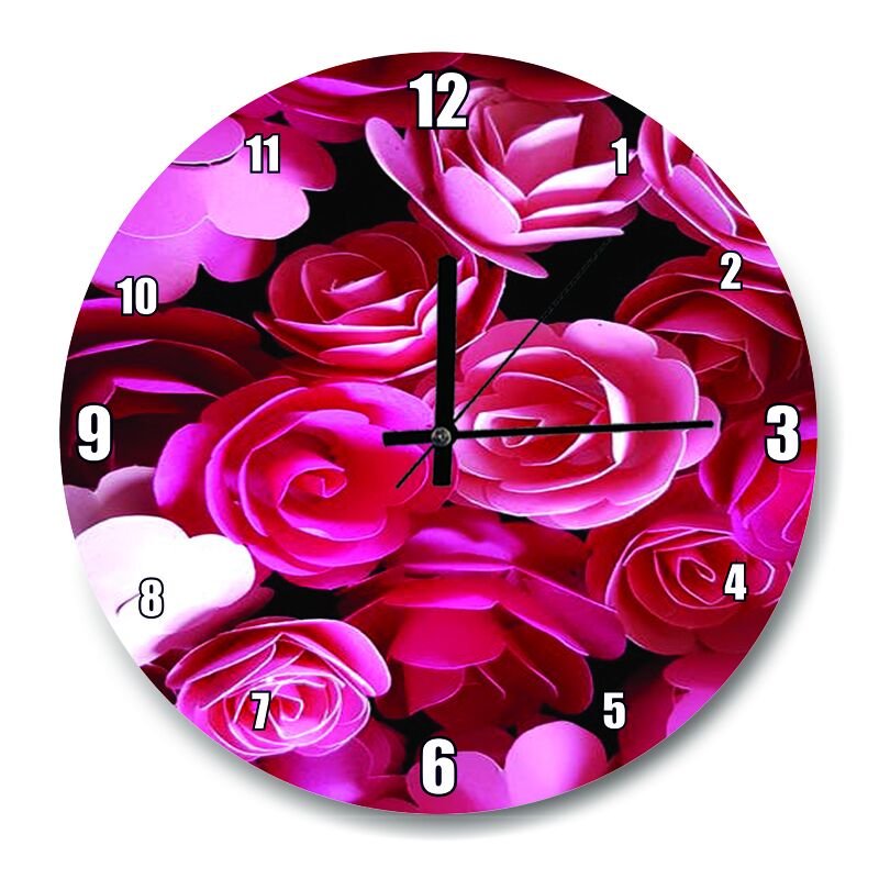 Pembe Güller Görseli  Mdf Ahşap Duvar Saati 50 cm Çap