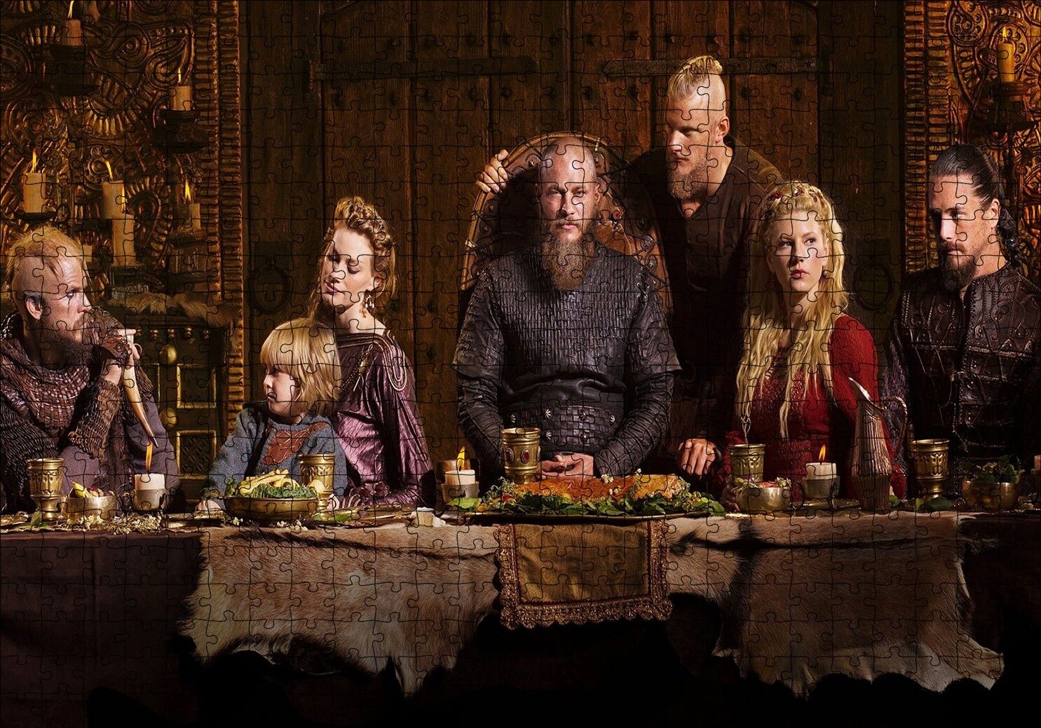Vikingler Tüm Karakterler Yemek Masasında Puzzle Yapboz MDF Ahşap 500 Parça 49 cm X 68 cm