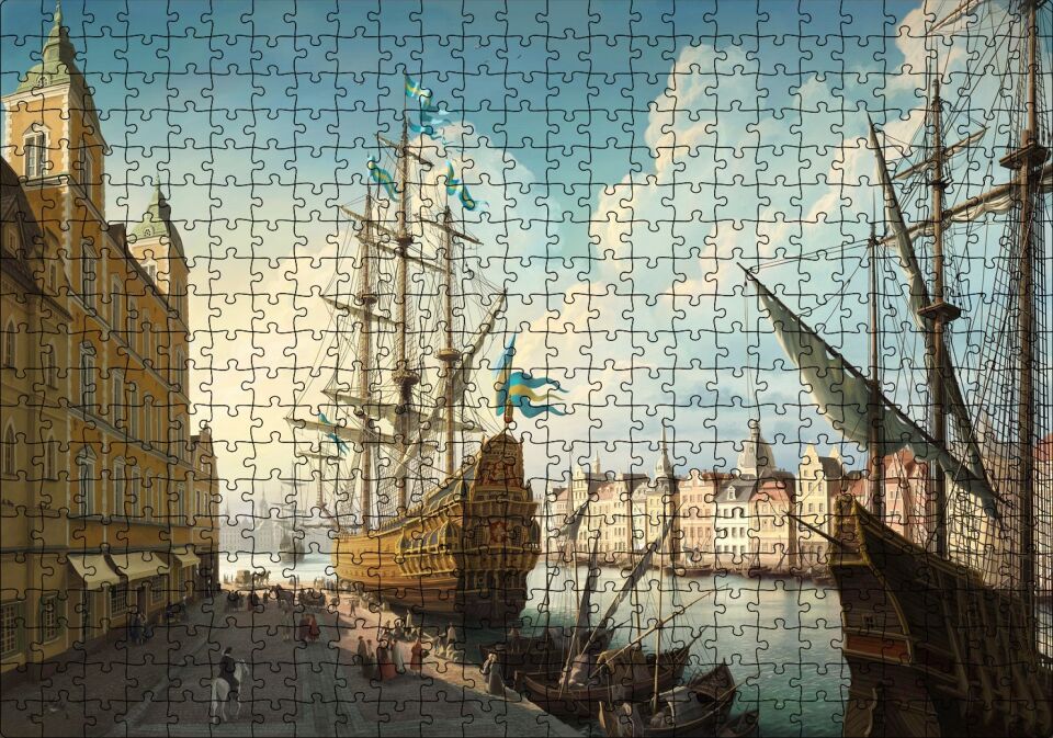 Avrupa'da Eski Bir Liman Kenti ve Gemiler Puzzle Yapboz MDF Ahşap 500 Parça 49 cm X 68 cm