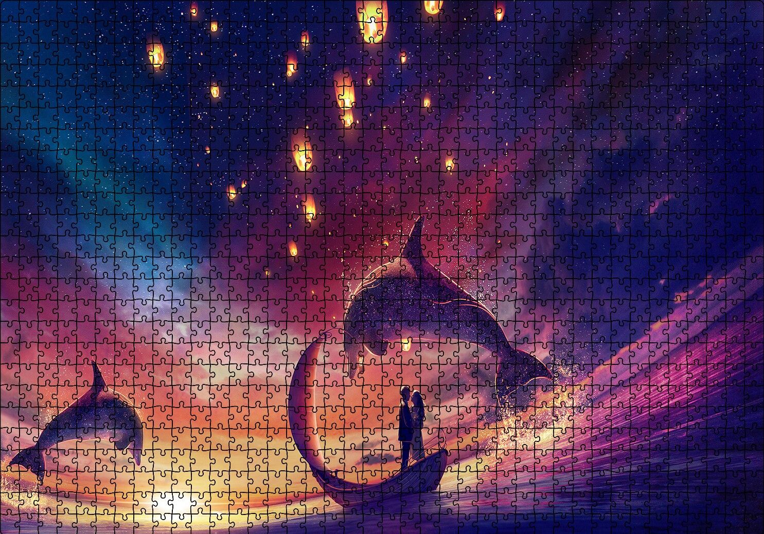 Yunuslar ve Fantastik Sandalda Romantik Çift Puzzle Yapboz MDF Ahşap 1000 Parça 49 cm X 68 cm