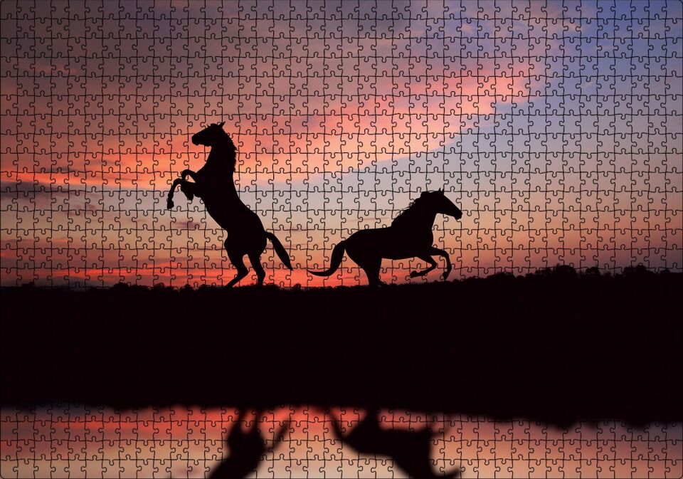 Günbatımında Kızıl Gökler ve Bir Çift At Puzzle Yapboz MDF Ahşap 1000 Parça 49 cm X 68 cm