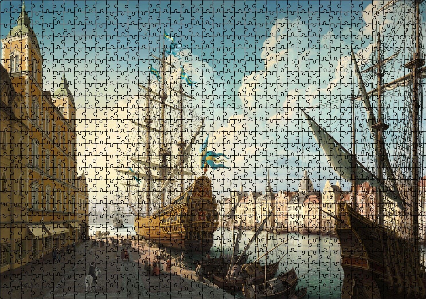 Avrupa'da Eski Bir Liman Kenti ve Gemiler Puzzle Yapboz MDF Ahşap 1000 Parça 49 cm X 68 cm
