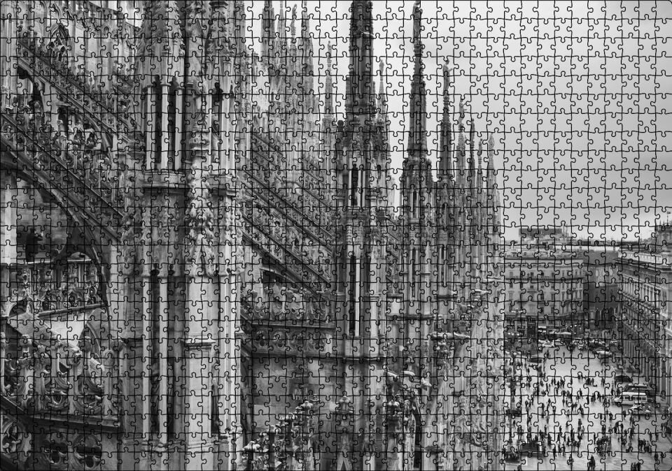 İtalya Milano Görkemli Katedral Siyah Beyaz Puzzle Yapboz MDF Ahşap 1000 Parça 49 cm X 68 cm