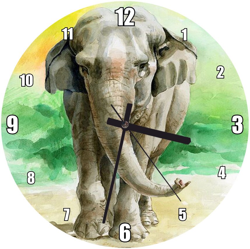 Yeşillikler Önünde Fil Suluboya Çizim  Mdf Ahşap Duvar Saati