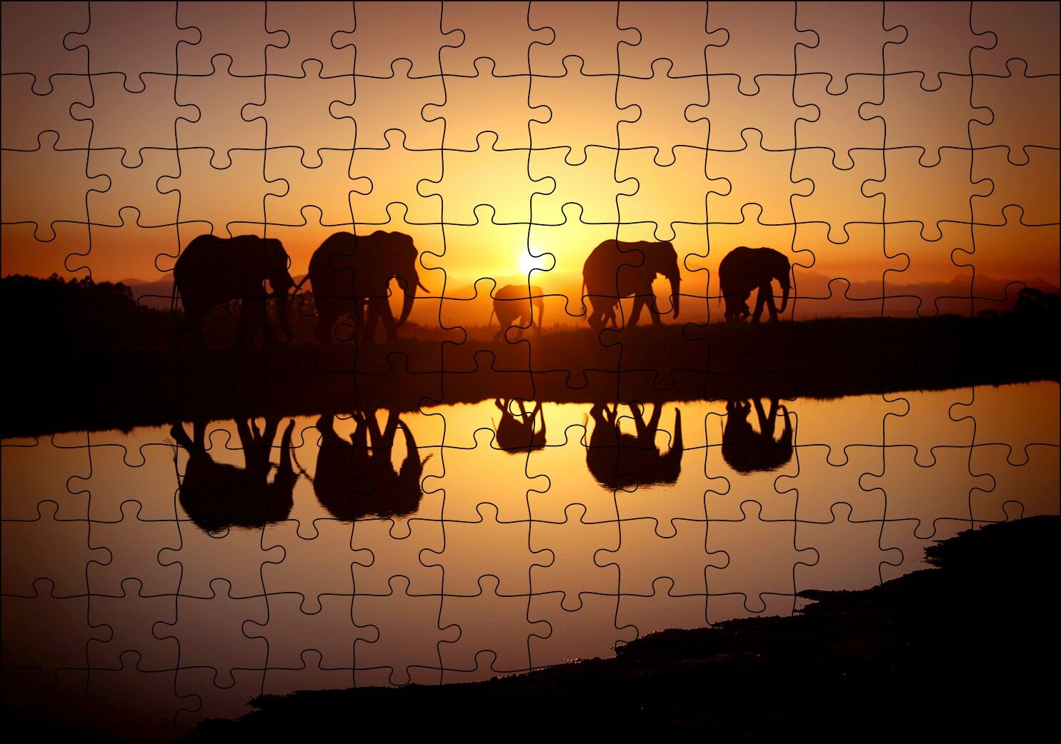 Günbatımında Nehir Kenarındaki Fil Ailesi Puzzle Yapboz MDF Ahşap 120 Parça 24 cm X 34 cm
