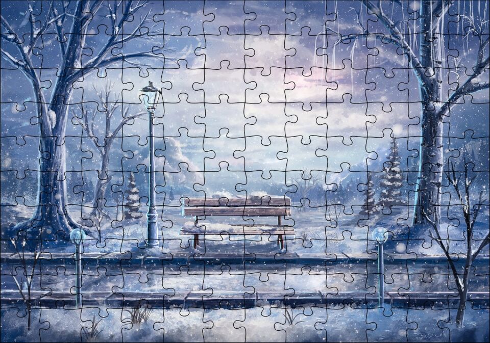 Animasyon Tren Yolu Bank Ağaçlar Kar Görseli Puzzle Yapboz MDF Ahşap 120 Parça 24 cm X 34 cm