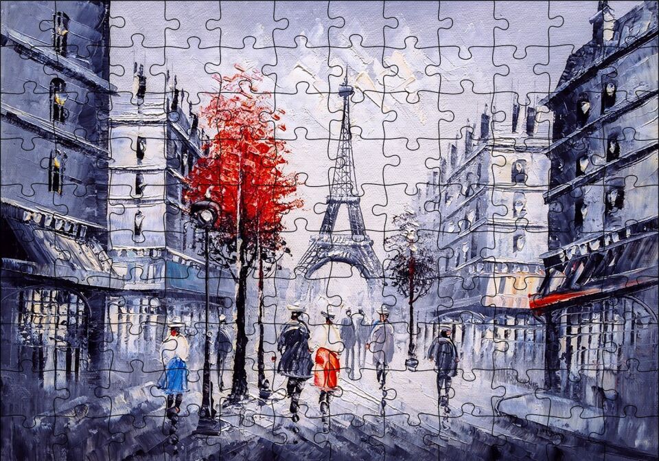 Eyfel Kulesi ve Paris Sokaklarında İnsanlar Puzzle Yapboz MDF Ahşap