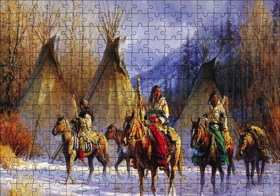 Kızılderililer Atları ve Çadırları Puzzle Yapboz MDF Ahşap 255 Parça 34 cm X 49 cm