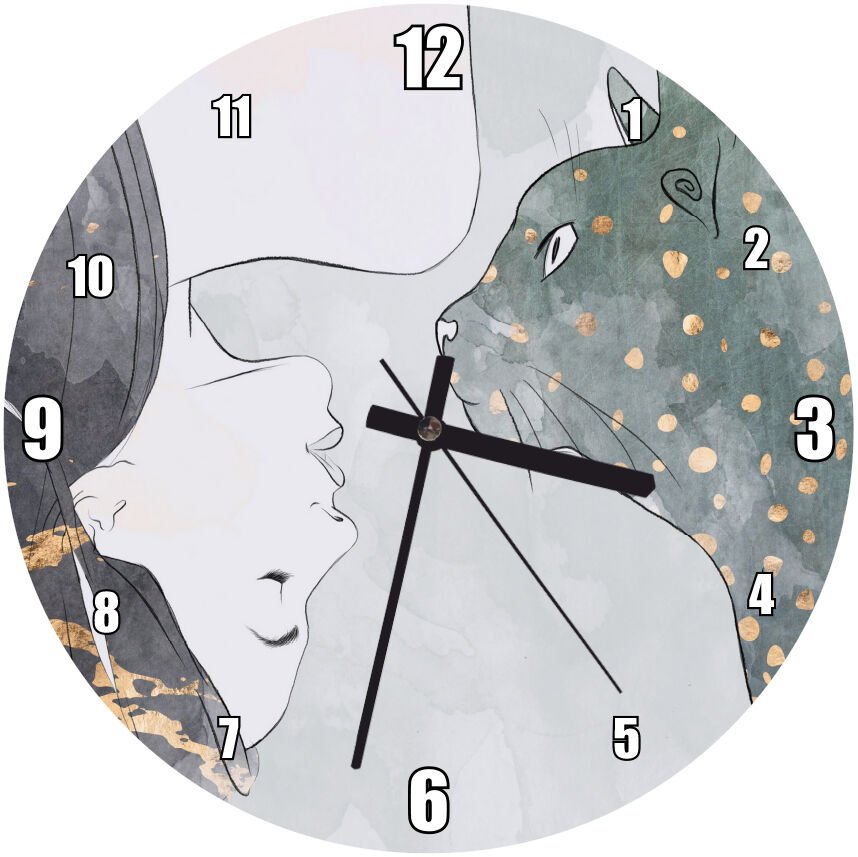 Başaşağı Kadın ve Kedi  Mdf Ahşap Duvar Saati