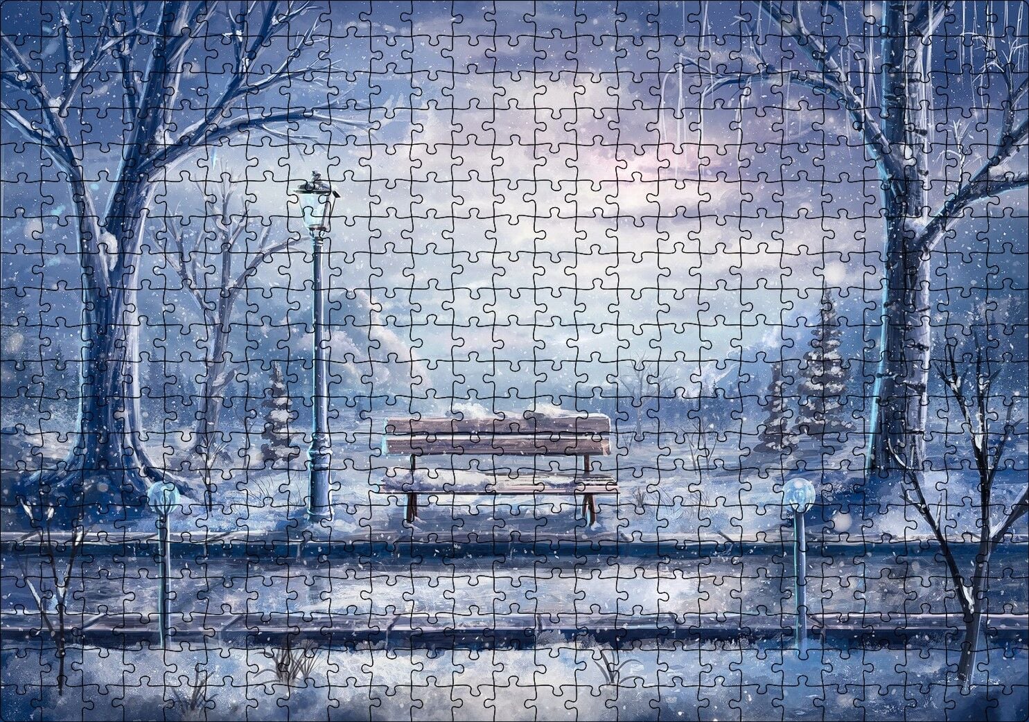 Animasyon Tren Yolu Bank Ağaçlar Kar Görseli Puzzle Yapboz MDF Ahşap 500 Parça 49 cm X 68 cm