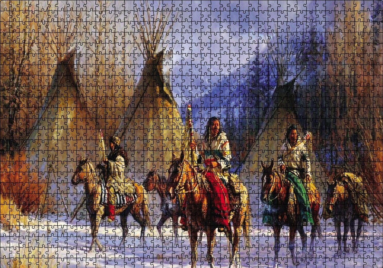 Kızılderililer Atları ve Çadırları Puzzle Yapboz MDF Ahşap 1000 Parça 49 cm X 68 cm
