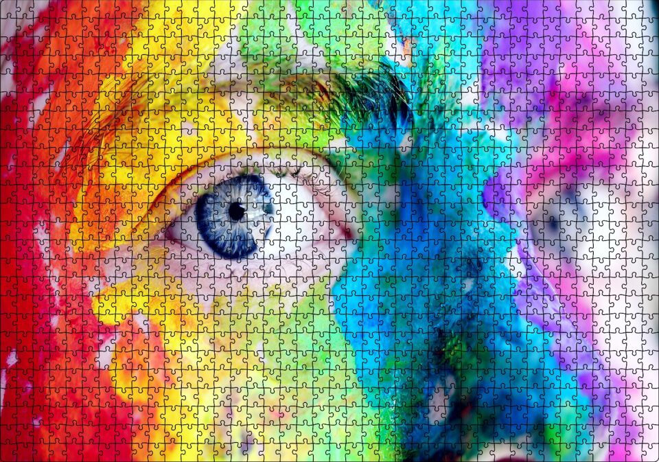 Rengarenk Boyalı Yüz ve Mavi Gözler Puzzle Yapboz MDF Ahşap 1000 Parça 49 cm X 68 cm